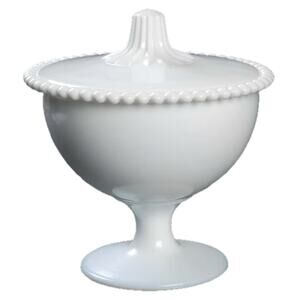 1970s Indiana Glass Beaded Edge White Milk Glass Covered Compote Candy Dish 7159